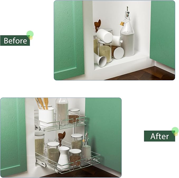 LOVMOR 2 Tier Individual Pull Out Cabinet Organizer 14" W x 21" D, Slide Out Kitchen Cabinet Storage Sliding Shelves