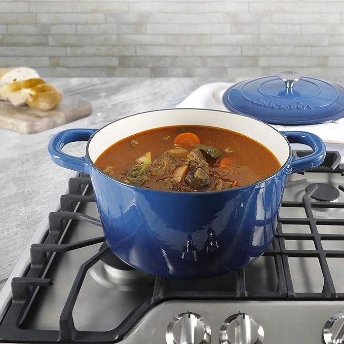 Crock-Pot Artisan 7-Quart Round Enameled Cast Iron Dutch Oven – Sapphire Blue, Durable Heavy-Duty Cookware for Slow Cooking, Baking, Roasting with Lid