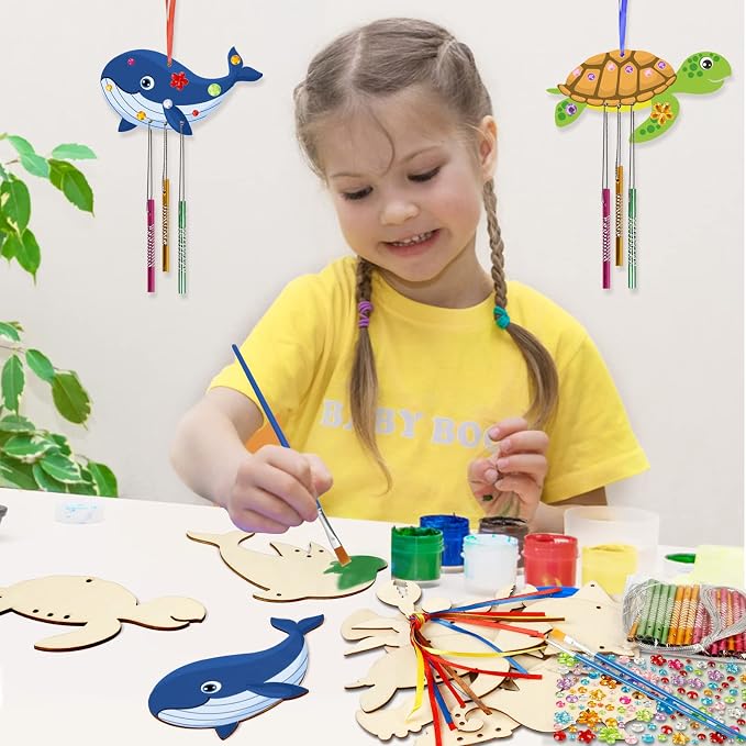 Fennoral 9 Pack Wind Chime Kit for Kids Make Your Own Ocean Animals Wind Chime Wooden Arts and Crafts for Girls Boys Ornaments DIY Coloring Sea Animals Craft for Art Activity Summer Party Decoration