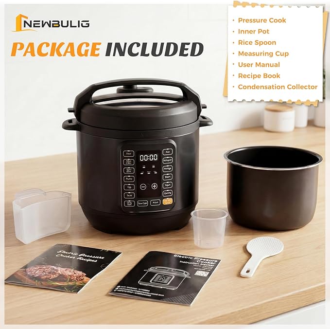 NEWBULIG 16-in-1 Electric Pressure Cooker, 6QT Multi Cooker with 12 Presets, Slow Cook Rice Steamer Sauté Soup Meat Stew Canning Yogurt Maker, Ceramic Inner Pot & Recipe Book Included, Black