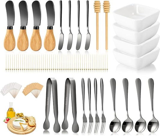 Charcuterie Board Accessories With 3 Oz Ceramic Dip Bowls, Wooden Handle Black Cheese Spreader Butter Knive Set Kit, Mini Tongs, Spoons, Forks,Honey Dipper, Cocktail Picks