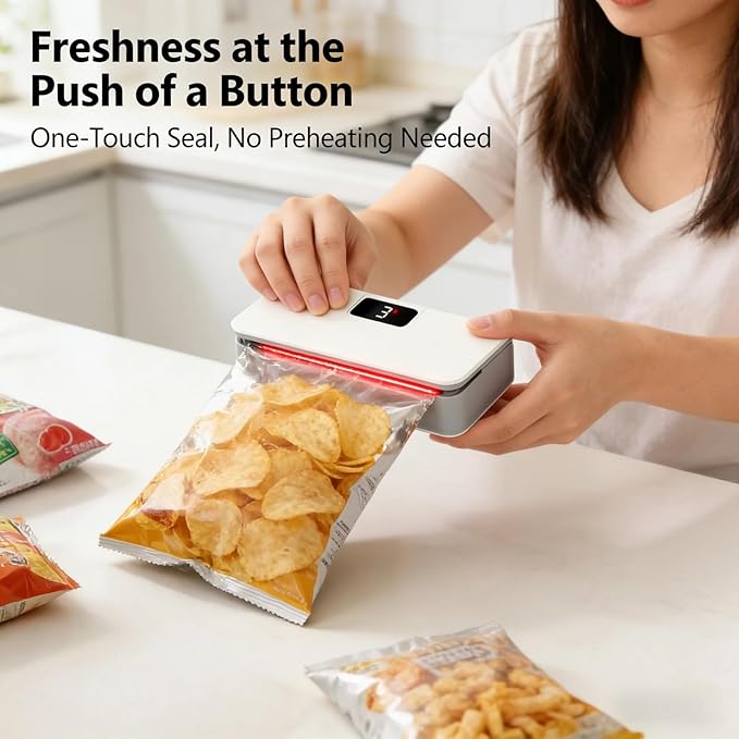 2026 New USB-C Rechargeable Mini Bag Sealer, One-Touch, Adjustable and Portable Freshness, 6-Level Adjustable Heat Sealer & Cutter, LED Display, Magnetic Base for Fridge & Kitchen (Mix)