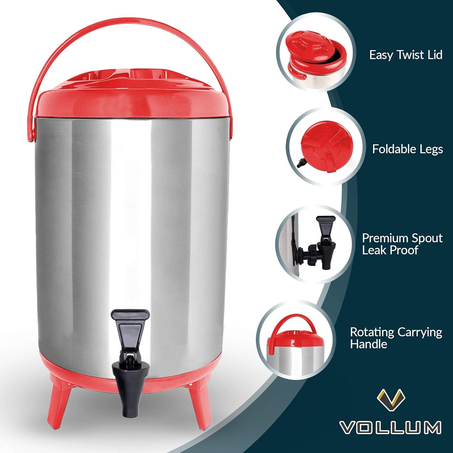 Stainless Steel Insulated Beverage Dispenser – Insulated Thermal Hot and Cold Coffee Carafe – 8 Liter Drink Dispenser with Spigot for Hot Water, Tea & Coffee, Cold Milk, Juice & More RED