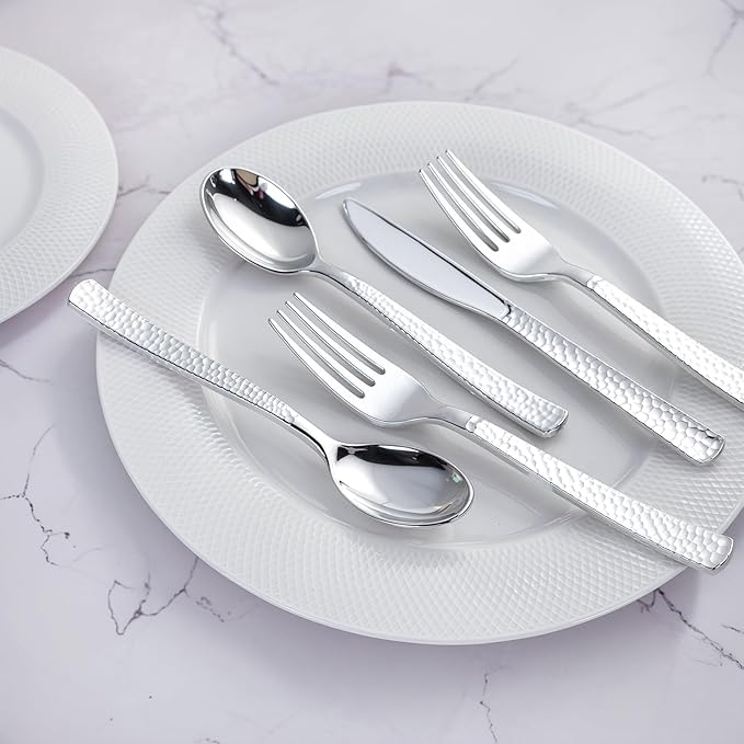 WELLIFE 50 Pack Silver Plastic Silverware with Pre Rolled Napkins,Wrapped Silverware Set Disposable,Includes:50 Forks, 50 Knives, 50 Spoons, 50 Napkins,Utensils Plastic Disposable