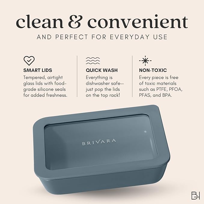 Ceramic Coated Glass Food Storage Container | No PTFE, PFOA, PFAS, and BPA | Reusable Non Toxic Meal Prep Container with Glass Lid | Easy To Store | 6 Cup Rectangle [Dusk]