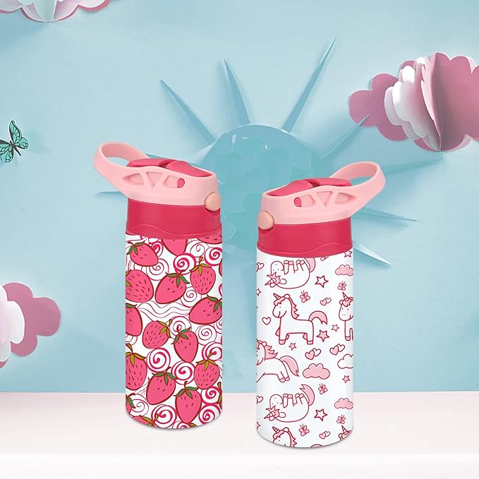 Kids Sublimation Tumbler,12oz Sublimation Water Bottle Blanks,Straight Stainless Steel Todder Sippy Cup,2PACK Double Wall Insulated Sippy Tumbler with Handle,Shrink Films,Leak Proof Pink