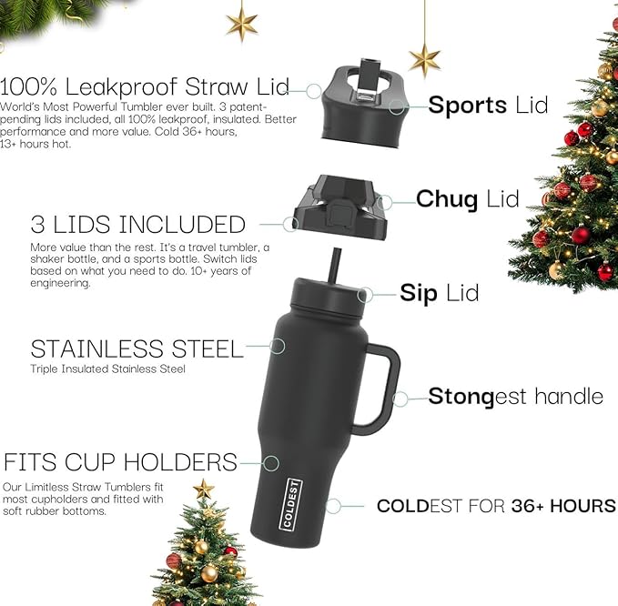 Coldest Tumbler with Handle and Straw - 100% Leak Proof Insulated Tumbler with Lid and Straw (3 Lids) - Stainless Steel Tumblers for Women & Men - Cup Holder Friendly Base, 46 oz (Happy Camper)