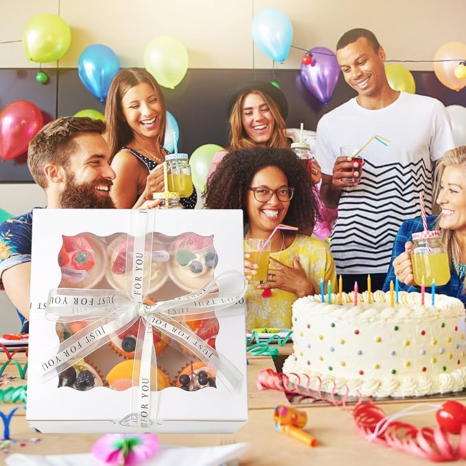 6x6x5 Cake Box, 28 Sets White Cake Box with Window ＆ 28Sets 6" Cake Round Boards, 6inch Cake Containers. (White, 665inch/28pcs)