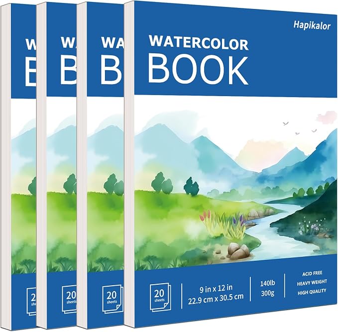Hapikalor School Supplies for Teens, 4-Pack 9"x12" Watercolor Paper Pad, 140lb/300gsm, Premium Water Color Pad for Paint, Watercolor Pencils, Watercolor Pens, Charcoal, Oil Pastels and Acrylic, Blue