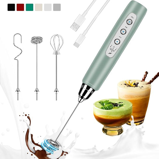 Colarlemo Milk Frother Handheld Rechargeable, Frother Wand Drink Mixer Electric Whisk for Coffee, Detachable With 3 Stainless Whisks, Hand Mixer for Lattes, Cappuccino, Matcha, No Stand, Sage Green