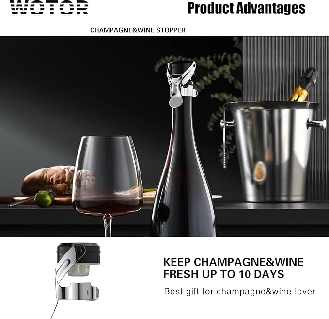 WOTOR Champagne&Wine Bottle Stoppers Stainless Steel with Food Grade Silicone, Leak Proof Keep Fresh Reusable Saver, Cork Suitable for Wine, Champagne, Cava, Prosecco and Sparkling (8 Pack Silver）