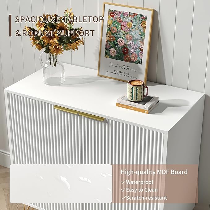 Fluted TV Stand for 90 Inch TV, Modern TV Stand Console, White Entertainment Center with 3 Storage Cabinets, Adjustable Shelves & Gold Handles, Wood Media Cabinet for Living Room