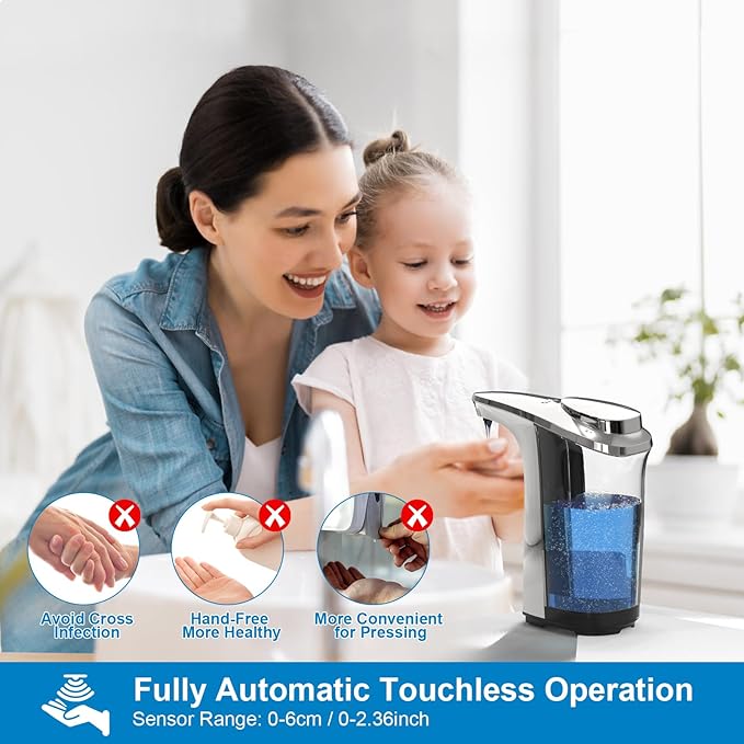 PZOTRUF Automatic Soap Dispenser, Touchless Dish Soap Dispenser 17oz/500ml with Upgraded Infrared Sensor, 5 Adjustable Soap Dispensing Levels, Liquid Hand Dispenser for Bathroom (Silver Set)