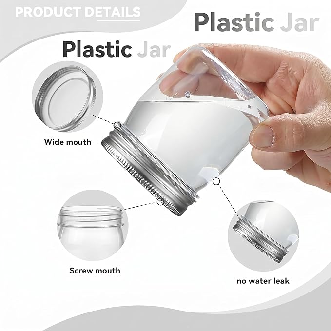 novelinks 8 oz Clear Plastic Jars with Airtight Lids, 8 Pack Plastic Mason Jars with Lids 8oz, Refillable Storage Slime Containers & Small Spice Jar for Kitchen Organization (8 Pack,Silver)