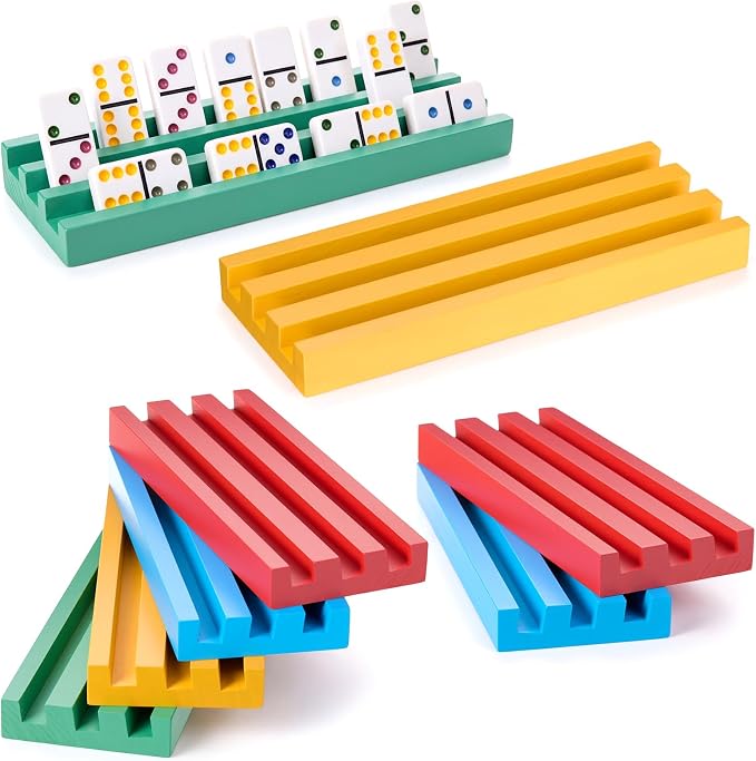 Soulchen Multicolor Wooden Domino Racks Set of 4, Wood Domino Tiles Trays Holders Organizer for Mexican Train Classic Board Accessories, Dominoes Not Included (7.1 x2.8 Inch)