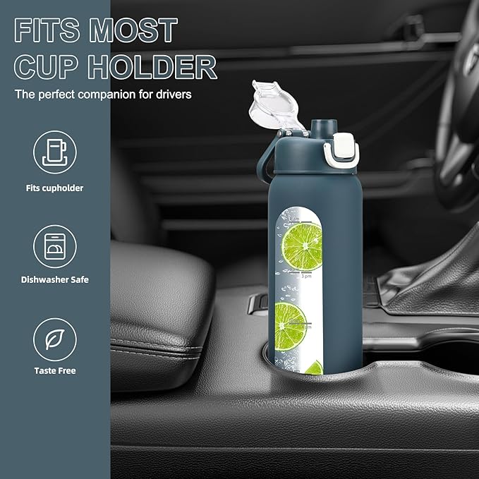 chunmo 24 oz Glass Water Bottles with 2 Lids-Handle Spout Lid & Straw Lid, Motivational Water Bottle with Time Marker and Silicone Sleeve,Leakproof-Dark Blue-1 Pack