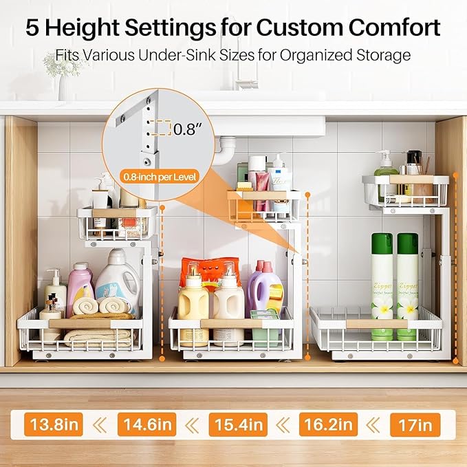 PXRACK 1 Pack Under Sink Organizer,Adjustable Height,2 Tier Pull Out Under Cabinet Organizer,Slide Out Thickened Metal Under Sink Storage for Kitchen Bathroom Laundry Cabinet Pantry,White(S)