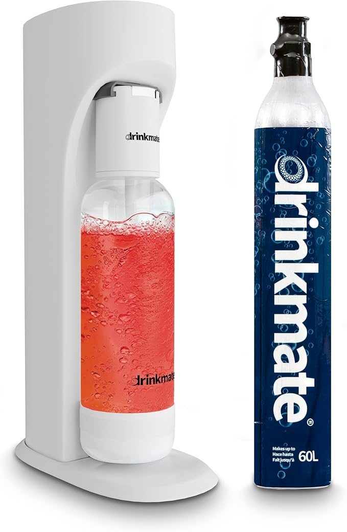Drinkmate OmniFizz Sparkling Water Maker & Soda Streaming Machine | Carbonates Any Drink | STARTER KIT | Includes One 60L CO2 Cartridge + One BPA-Free Bottle (Classic White)