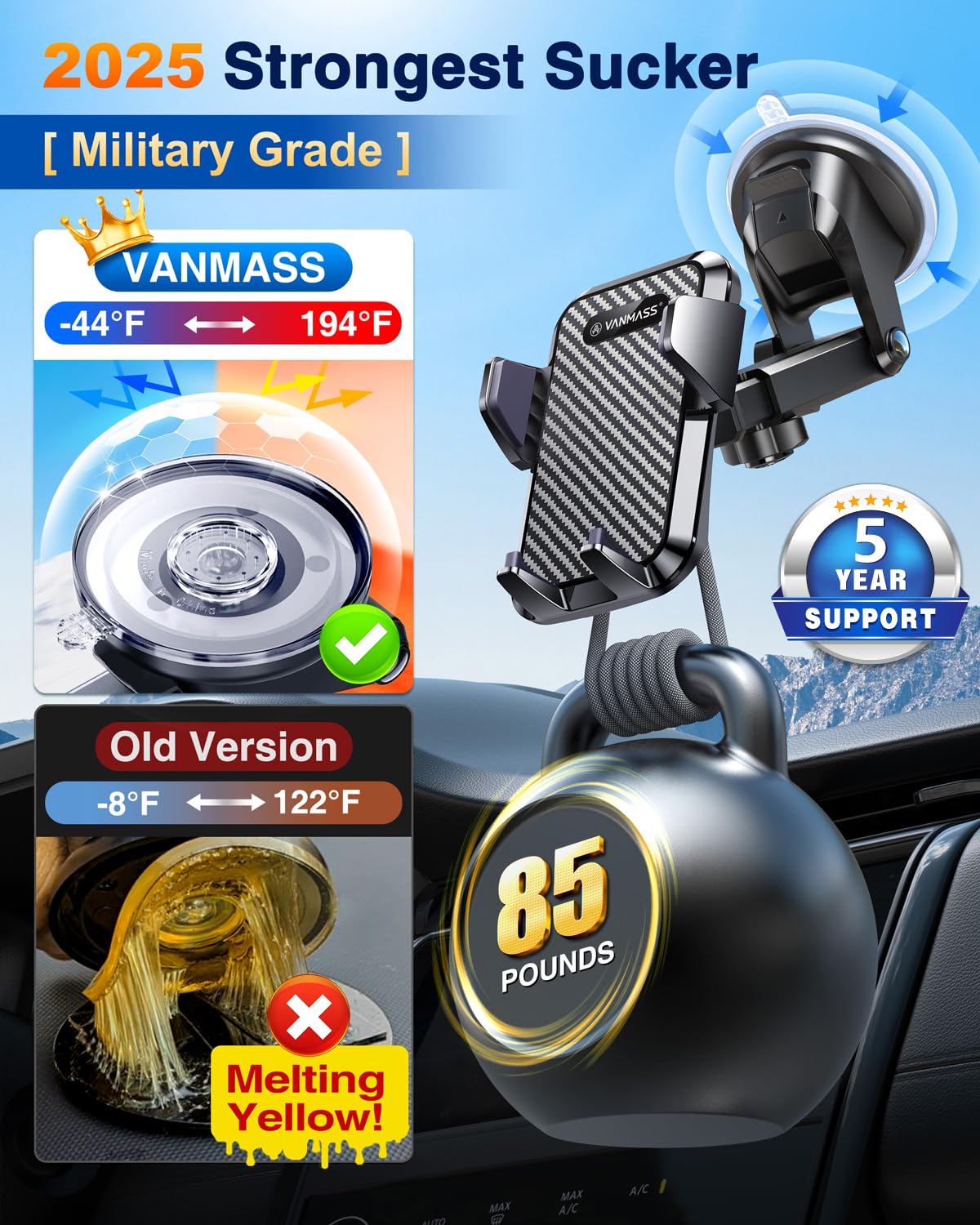 VANMASS 【85+LBS Strongest Suction & Military-Grade 2025 Ultimate Car Phone Mount【Patent & Safety Certs】 Cell Phone Holder Truck Desk for Dashboard Windshield Vent for iPhone 16 15 Pro Max 14 Samsung