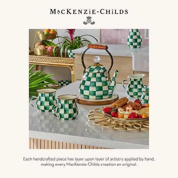 MACKENZIE-CHILDS Enamel Compote, Cute Enamel Pedestal Serving Dish or Decorative Bowl, Small, Green-and-White Emerald Check