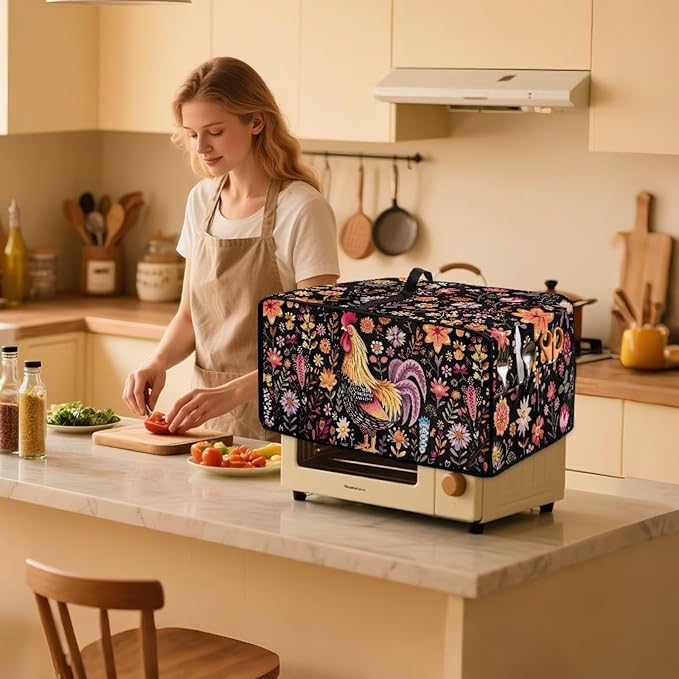 Microwave Oven Cover Air Fryer Toaster Oven Dust Cover with Accessory Pockets, Stain-resistant Small Electric Appliance Protector for Kitchen, M, Rooster Chicken Floral Black