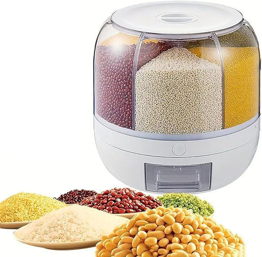 360° Rotating Grain Dispenser, 6-Grid Large Rice Storage Container (13 Lbs), One-Click Output Sealed Food Storage for Rice, Beans, Cereal - Countertop Kitchen Organization