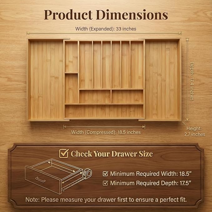 Expandable Kitchen Organizer – Adjustable 33” Wide Utensil Kitchen Drawer with 11 Compartments, Natural Solid Bamboo Construction for Flatware