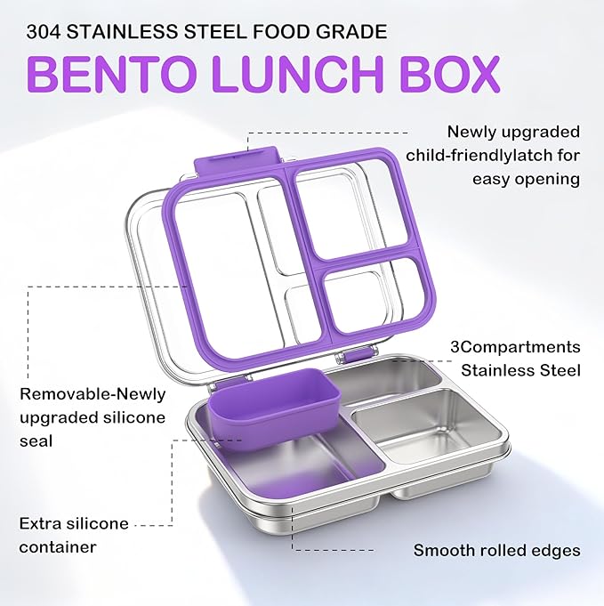 BABHAMNESS Stainless Steel Bento Lunch Box for Kids Adults, 3 Compartments Metal Bento Box with Transparent Lid & Silicone Container for Kids,Dishwasher-Safe,School & Travel,BPA-Free(Purple)