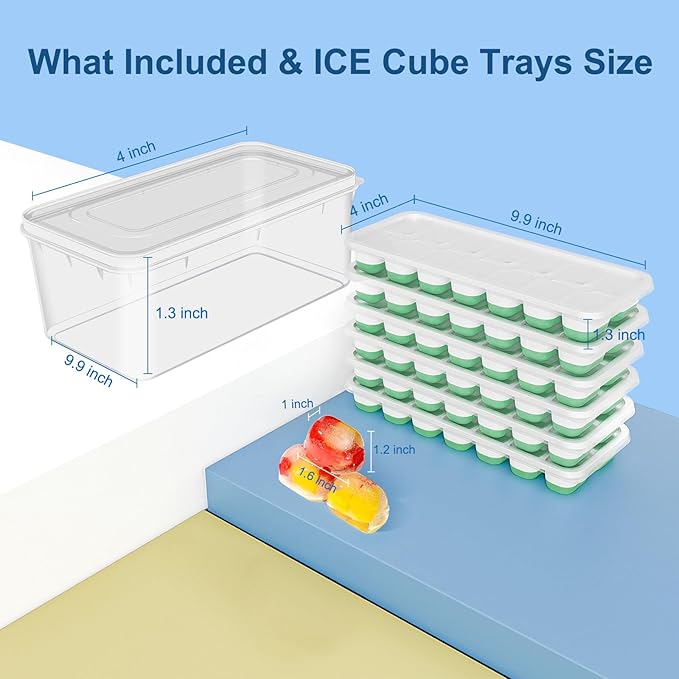 Ice Cube Trays with Lid and Bin, Silicone Plastic Ice Cubes Trays 9 Pack, Stackable Molds for Freezer, Storage Iced Bucket Kits BPA-Free and Odor-Free