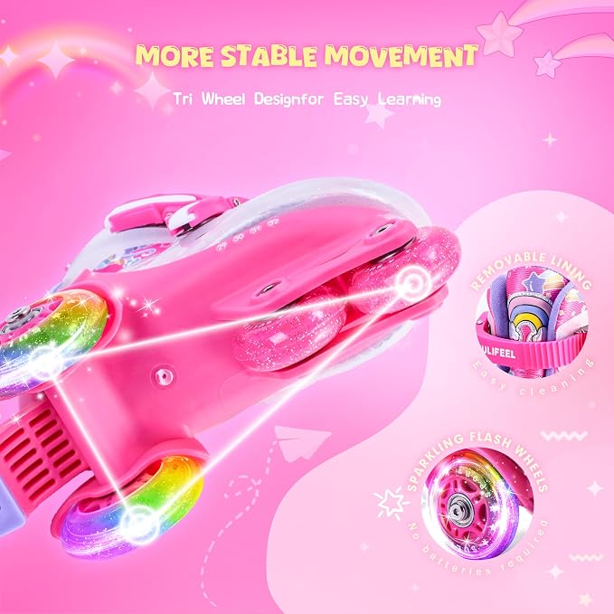 SULIFEEL Adjustable Roller Skates for Girls Boys Kids,Fun Illuminating Light Up Flash Wheels Three-Point Type Balance Suitable for Beginners Indoor Roller Skating