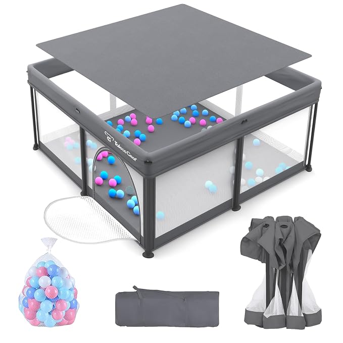 Foldable Baby Playpen for Babies and Toddlers, 50x50 Inch Portable Play Yard, Collapsible Play Pen with Mat, Visible Mesh, 50 Ocean Balls, Indoor/Outdoor Baby Fence Activity Center for Home