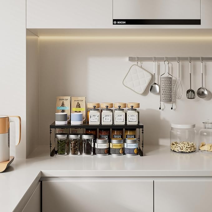 Stackable Expandable Metal Shelf Organizer - Adjustable Wire Storage Rack with Holes for Kitchen, Bathroom, Cabinet, Office - Space Saving, Durable & Sturdy Design（1PACK/Large/Black