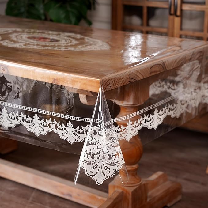 Clear Table Cover Protector Rectangle Vinyl Table Cloth Waterproof Oil Spill Proof Wipe Clean Lace Plastic Tablecloths for Dining Tables (French Lace, 60 x 120 Inches)