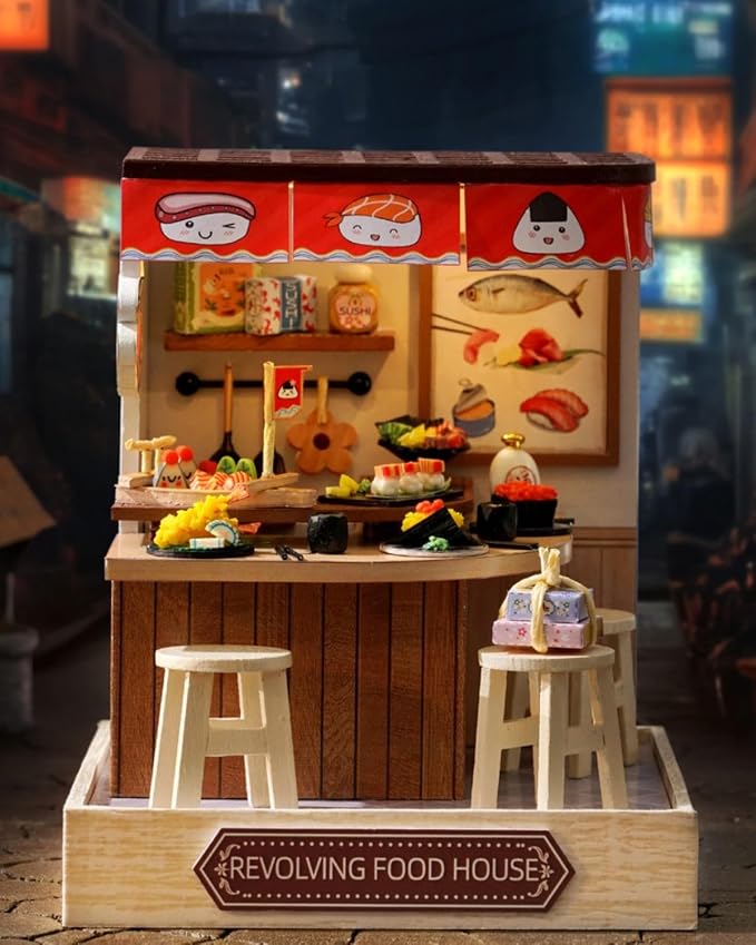 DIY Miniature House Kit, Mini House Building Kit with LED & Dust Cover, DIY Wooden Dollhouse Miniature Kit for Adults Teen, Wooden Crafts Lovely Dollhouse Kit, Revolving Food House