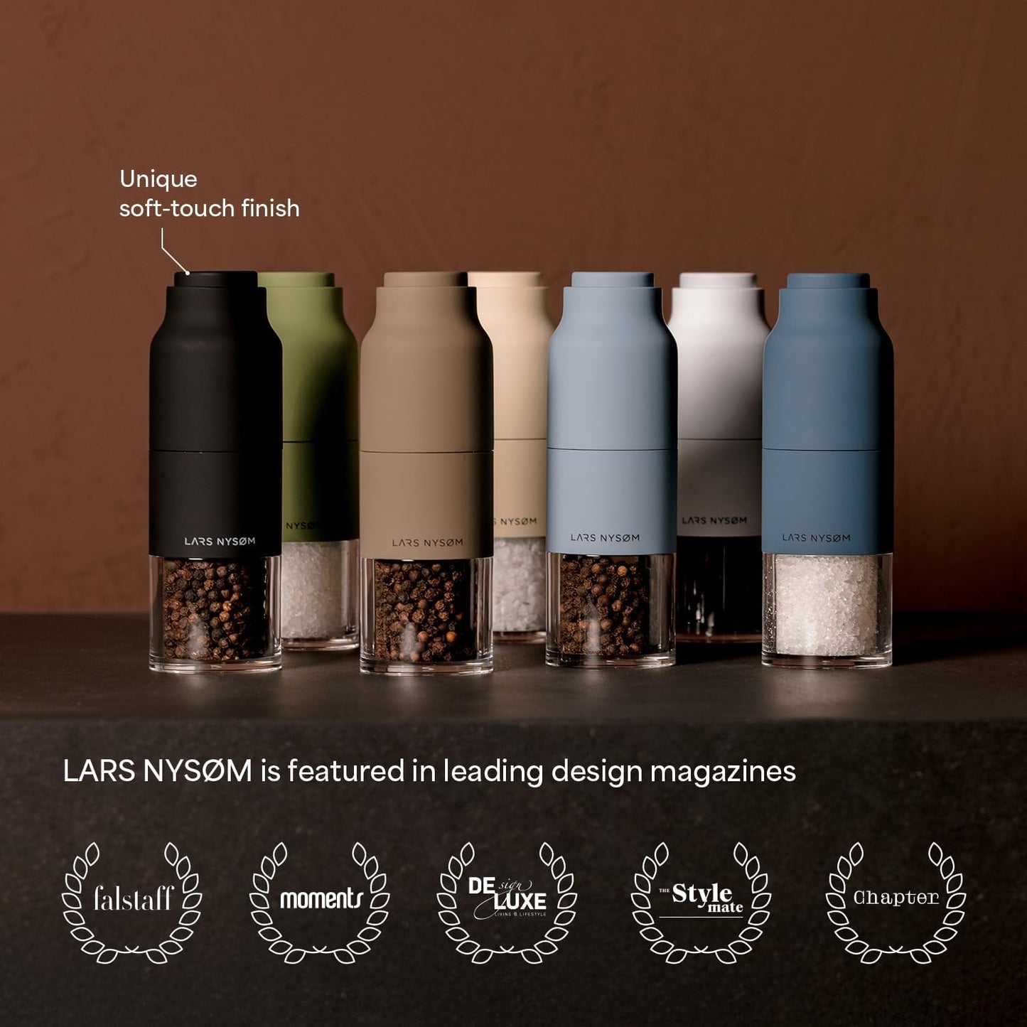 LARS NYSØM Salt and Pepper Grinder Set, Stainless Steel Manual Salt and Pepper Mills, Adjustable Ceramic Grinder, Design Spice Shakers (Peach/Beige)