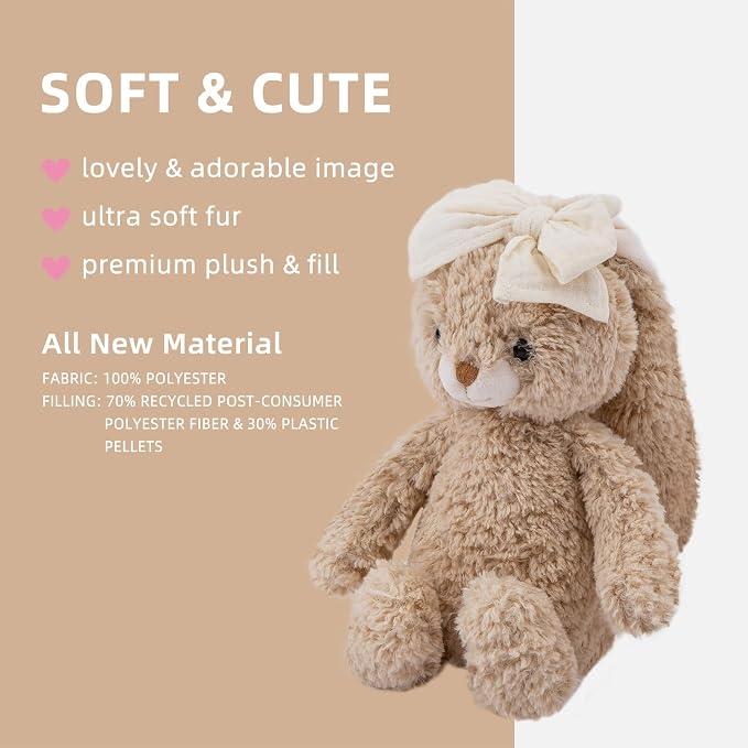 Bunny Stuffed Animal Soft Rabbit Cuddly Toy 8'' Long - Eared Brown Plush Bunny with Cream Bow Plush Toys for Babies and Toddlers