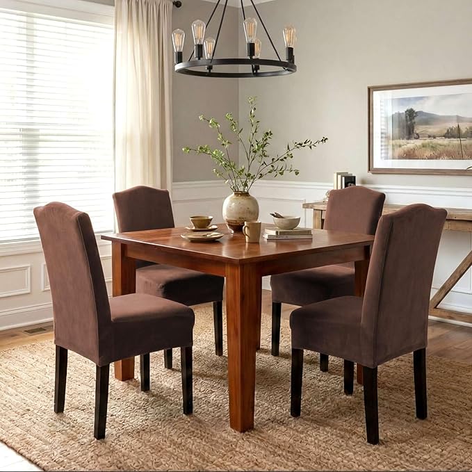 H.VERSAILTEX Velvet Dining Chair Covers Stretch Chair Covers for Dining Room Set of 6 Parson Chair Slipcovers Chair Protectors Covers Dining, Soft Thick Solid Velvet Fabric Washable, Caramel