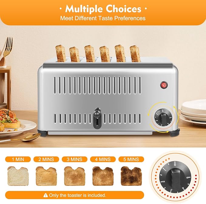 Commercial 6 Slice Toaster, 1680W 110V Commercial Bread Baking Machine with 2 Modes & Timer Function, Stainless Steel Electric Toast Sandwiches Making Tool for Home Kitchen Restaurant Bakery