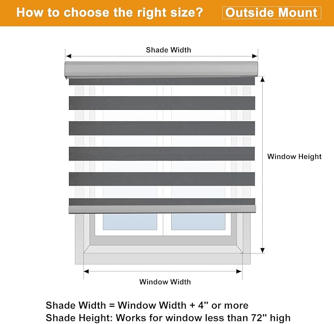 Persilux Cordless Zebra Blinds for Windows Free-Stop Roller Shades (33" W X 64" H, Grey) Dual Layer Light Cintrol for Day and Night, Light Filtering Sheer Shades for Home, Easy to Install