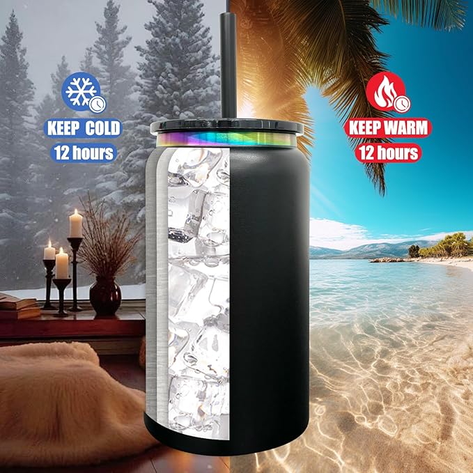 8 Pack Glass Cups with Lids and Straws, 16 oz Stainless Steel Cups, Insulated Skinny Tumbler, Powder Coated Travel Tumblers for Laser Engrave, Iced Coffee Cup for Smoothie Water DIY Gift(Black,8 pack)