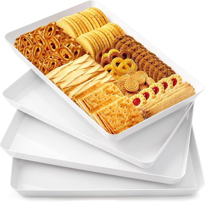 WOWBOX 4 pcs Serving Tray for Entertaining, Grilling BBQ Accessories, Serving Platters for Snacks, Fruit, Reusable Plastic Trays for Serving Food and Pantry Organization in Kitchen & for EasterParties