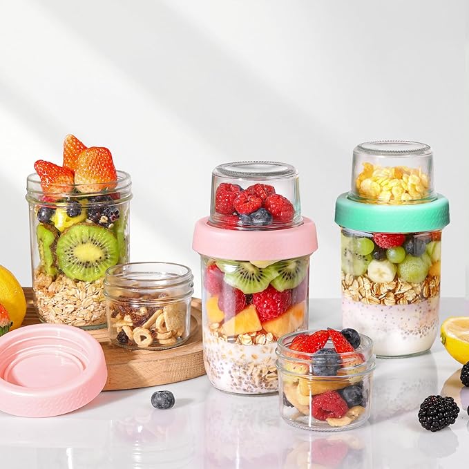 ComSaf Overnight Oats Containers with Lids (16oz+4oz, 2Pcs), Dual-Laryer Chia Pudding Jars with Dry and Wet Separation, Yogurt Parfait Cups for Oatmeal Cereal Nut Fruit, Meal Prep Glass Jars for Salad