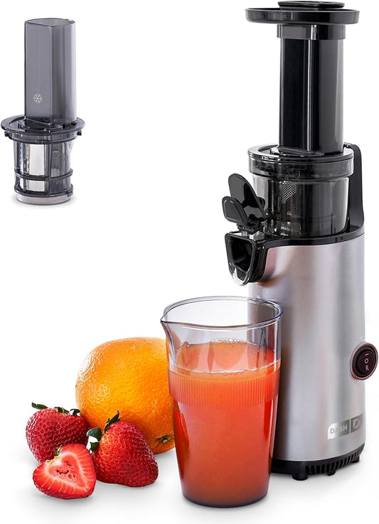 DASH Deluxe Compact Masticating Slow Juicer, Easy to Clean Cold Press Juicer with Brush, Pulp Measuring Cup, Frozen Attachment and Juice Recipe Guide - Graphite