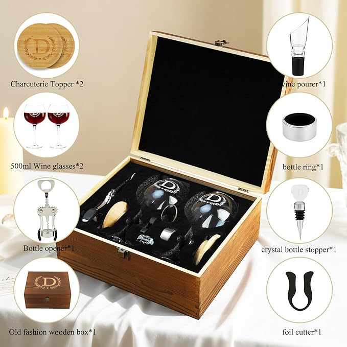 GZLDGIFTS Personalized Initial Wine Glasses Box Gift Set For Women Mom Engraved Birthday Monogrammed Wooden Christmas Gifts Wedding Anniversary Wine Couples Stopper Opener Initial Letterr (Y Set)