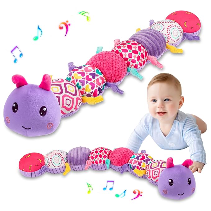 Baby Stuffed Animal Toys for 0-6 6-12 Months, Baby Musical Caterpillar Tummy Time Toys for Babies 3 6 9 12 18 Months, Newborn Infant Sensory Toys Gifts for 1 2 Year Old Boys Girls