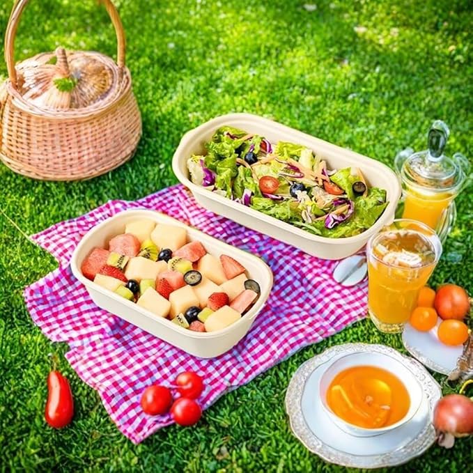 Aksipo 50 Pack 44 Oz Disposable Food Containers with Lids, Compostable Meal Prep Containers with Lids, Leak-proof To Go Food Box Cardboard Take Out Lunch Box Rectangle Paper Bowls for Salad,Leftovers