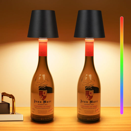 DUSKTEC Wireless Wine Bottle Lampshade, 8 RGB Light Modes, Light Temperature 3000-6500K, Rechargeable Touch Wine Bottle Lamp, Portable Wireless Bottle Lamp, Bar Lights, Party, Gift (Black, 2PCS)