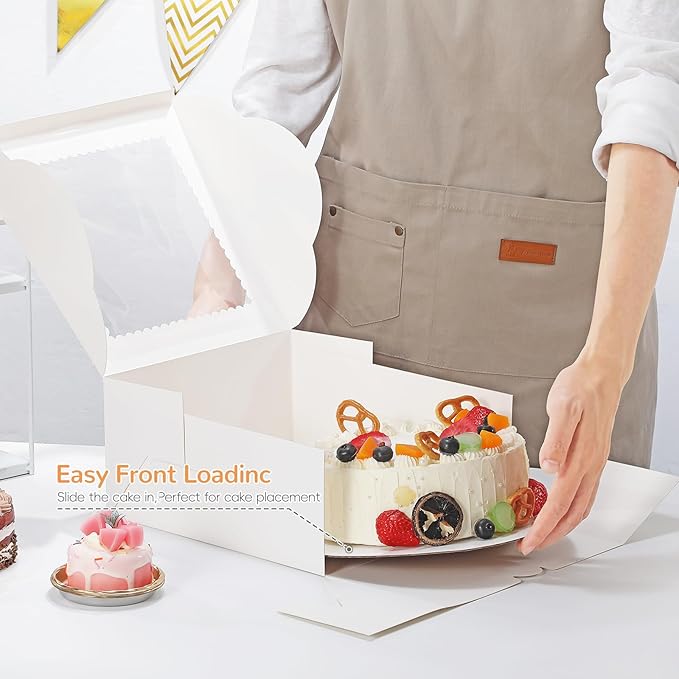 White Cake Boxes 10 Inch with Window, 10 Set Bakery Boxes with Cake Boards & Stickers, Cupcake Box for Birthday, Party, Wedding, Mother's Day, Valentine's Day, Christmas（10x10x5 inch）