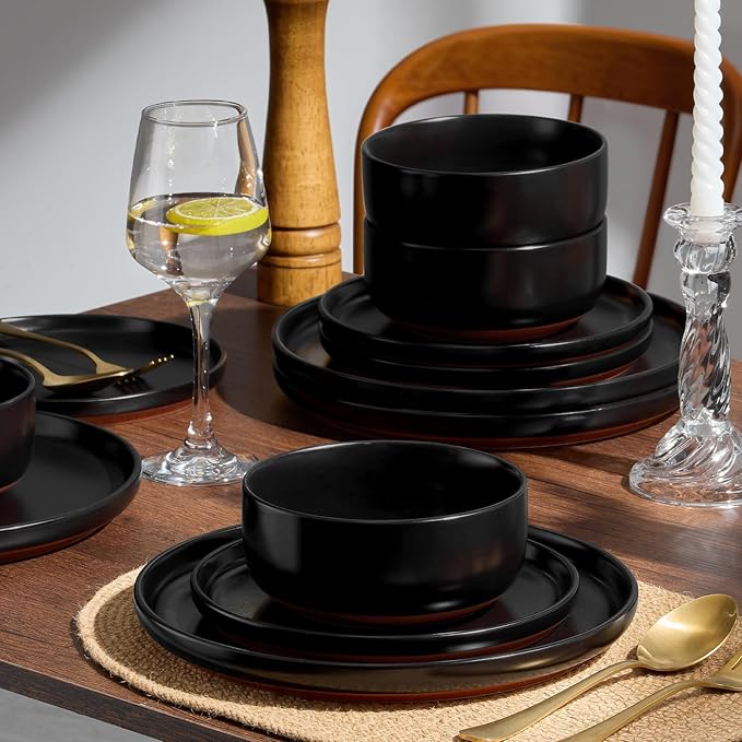 E-far 18-Piece Stoneware Plates and Bowls Sets, Dinnerware Sets for 6, Ceramic Dishware Dishes Set with Terracotta Base, Chip & Scratch Resistant, Microwave & Dishwasher Safe, Matte Black