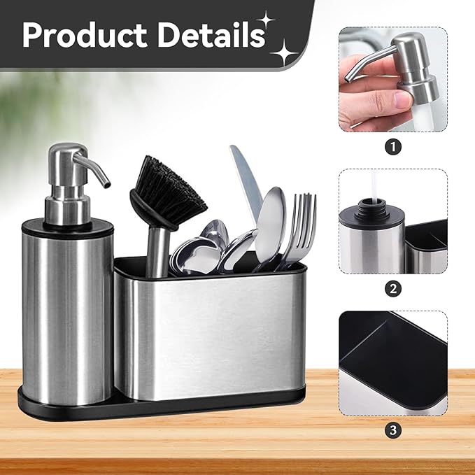 Kitchen Dish Soap Dispensers, Bathroom Soap Dispensers with Storage and Brush, Stainless Steel Sink Organizer with Caddy, Sponge Holder for Countertop Kitchen Bathroom